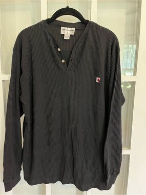 Pierre Cardin Black Ribbed Long-Sleeve Henley with Small Logo